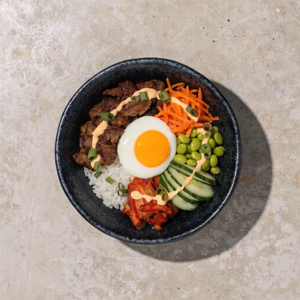 Korean Bowl with bulgogi beef, kimchi and gochujang aioli at Madi's 12|12, Inglewood Calgary