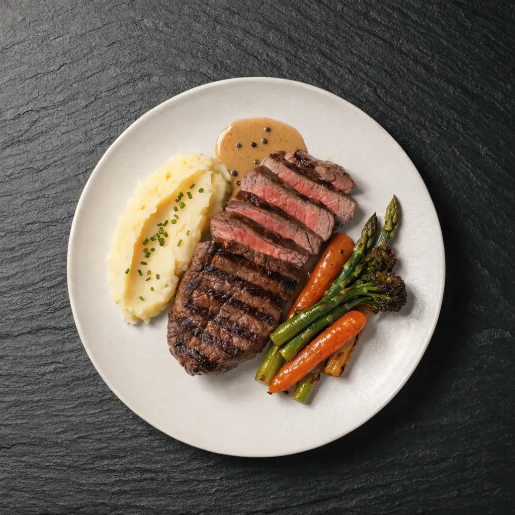 Chargrilled 8oz Ribeye with garlic mashed potatoes and peppercorn sauce at Madi's 12|12, Inglewood Calgary